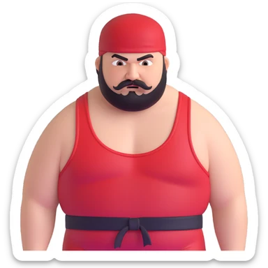 Close-up of extremely fat white skin guy with young face, beard and mustache, no muscle with prominent black durag, black eyes in a red and black wrestling singlet with angry face sticker