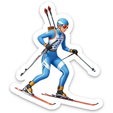 An icon featuring a biathlete in motion, holding a rifle and skiing across a snowy course. The backdrop includes snow-covered trees, distant mountains, and a clear blue sky. Transparent background highlights the precision, endurance, and excitement of biathlon. sticker