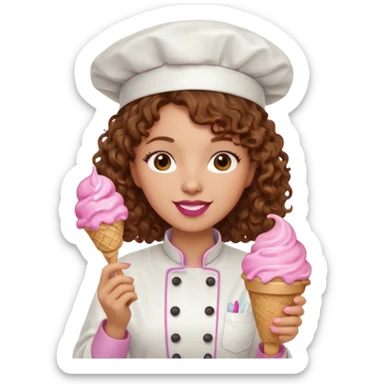 woman brown curly hair, chef, eating pink ice cream sticker