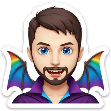 Vampire with hypnotic blue eyes, short brown hair, short beard/scruff and long sharp vampire fangs. rainbow color bats behind him sticker