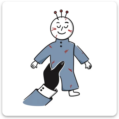 A hand-drawn voodoo doll with Carolina blue fabric and red thread stitches, looking slightly creepy with pins sticker