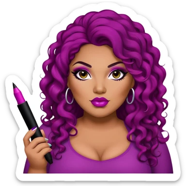 big plus size, darker tan skin, long black curly hair, baddie,pretty, makeup, lipliner, black eyeliner, long magenta hair sticker