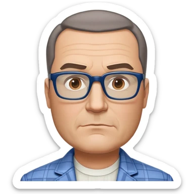 50-year-old heavyset man with very wide face and prominent square jawline. Short straight hair combed to the side, not balding. Large dark square glasses. Serious-relaxed expression. Light gray jacket that fits his larger frame, white shirt with blue checkered pattern. sticker