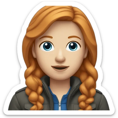 Straight ginger hair and blue eyes woman with a Canadian jacket sticker