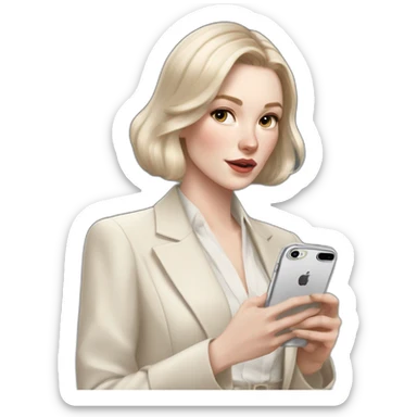 pale skin woman with ash blonde Straightened bob Hair, White Spacious classical jacket, beige palazzo Arrow pants and gray blouse holding white IPhone 15 pro in the hands sticker
