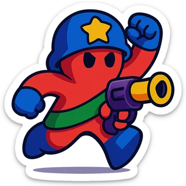 meeple character inspired by Brawl Stars, dynamic pose, colorful, energetic, cartoon style sticker