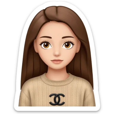 Une fille avec des faux cils, des yeux, marrons, des cheveux lisses un pull Chanel sticker