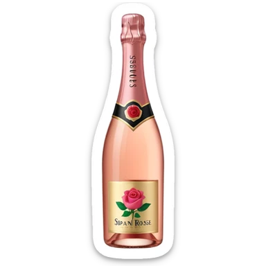 bottle of sparkling rosé champagne with a rose logo on the label, tilted up and to the left, no glass sticker