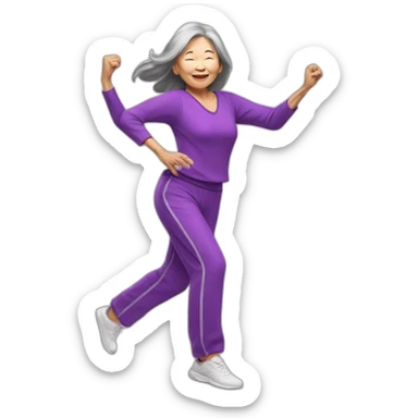 long hair Asian senior woman with bang in purple outfit dancing Zumba sticker