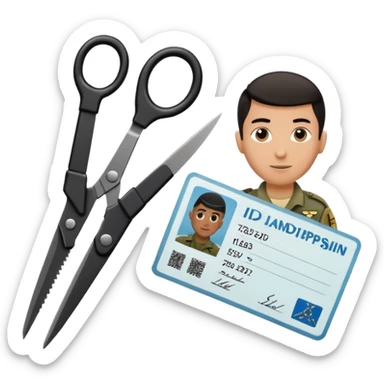 Floating black Scissors cutting in half an idf soldier ID card with a little chip in 2 parts sticker