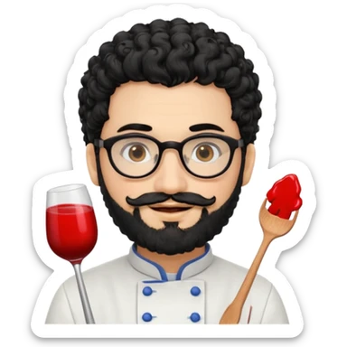 CHEF CON PELO NEGRO RIZO Y BARBA NEGRA, OJOS MARRON OSCURO Y GAFAS DE PASTA NEGRAS. SONRIE Y TIENE MARCAS DE BESOS CON FORMA DE LABIOS EN LAS MEJILLAS (COMO MANCHAS DE PINTALABIOS) sticker