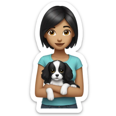 girl with long black hair holding black and white puppy sticker