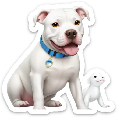 White pitbull with a collar that spells out Ice next to beluga whale  sticker