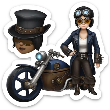 Bounty hunter Wednesday Addams Jedi wearing a pair of navy-blue rimmed steampunk goggles, hat, leather chaps, fringe jacket riding a relaxed distressed 1932 sci-fi 3 wheeled steampunk electric motorcycle with large fenders and saddlebags in desert town  sticker