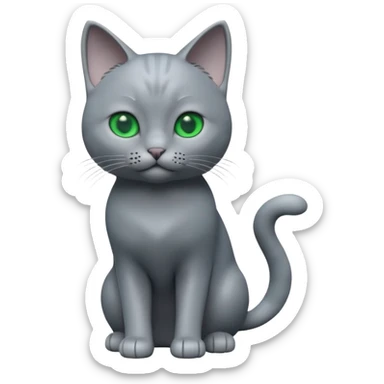 A 3D cartoon Russian Blue cat in cool silver-gray tone, smooth fur, green eyes, sleek lighting, cinematic 3D Memoji style. full body or half body. sticker