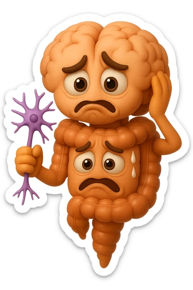 EMOJI STILE IPHONE DI UN INTESTINO collegato verticalmente ad un cervello mentre tiene in mano un neurone, espressione stressata, IPERREALISTICO 4K sticker