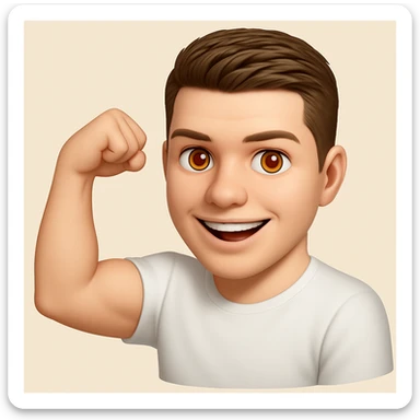 Based on these photos, make an emoji with facial features intact, man in white t-shirt, showing muscles sticker
