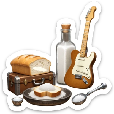 cinematic ultra HD steampunk victorian - a bottle of salt (salt shaker) and a loaf of peasant bread with a small electric telecaster guitar - still life composition sticker
