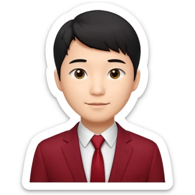 handsome Asian man emoji, short black hair with soft fringe, clean and elegant look, fair skin, gentle smile, wearing dark red suit and white shirt sticker