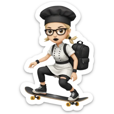 ["An angry woman with light skin, ponytail, wearing a chef hat and square glasses, dressed in goth fashion, is skateboarding while holding a backpack."] sticker