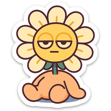 creamy white daisy flower with sleepy half-lidded eyes, sitting down with a blank stare, extremely soft round pastel character, vibrant-toon style sticker
