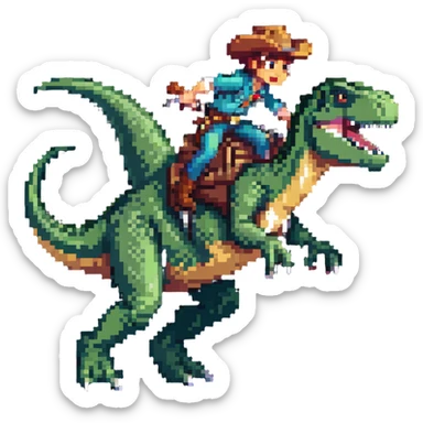 cowboy sliding down the back of a t-rex, dynamic action pose sticker
