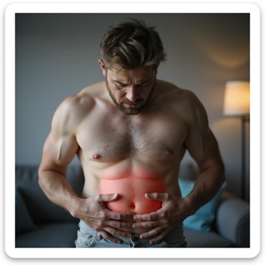 realistic man with abdominal bloating, suffering face, hands on abdomen, hyperrealistic 4K details, domestic or clinical environment, atmosphere suggesting intestinal discomfort sticker