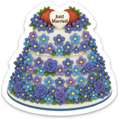 Replace the pink and white flowers with blue and purple flowers on the white wedding cake with strawberries and 'Just Married' topper. The style should resemble emoji style with no background. sticker