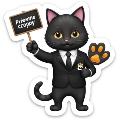 A cat in a black business suit holds a sign with the inscription "PrimeCopy" with one paw and shows a like with the other paw sticker