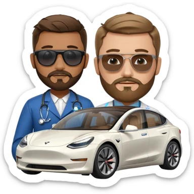 White tesla model 3 with a cool physician with dark blond hair, beard and dark sunglasses next to it sticker