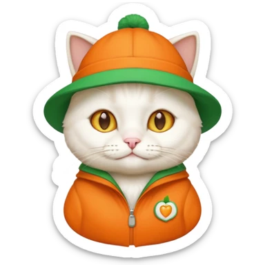 white cat with orange coat and green hat that says 'I'm cat', emoji style variation 1 sticker