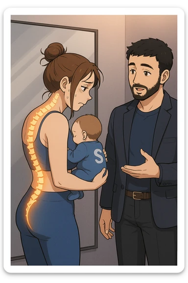 ispirati a questo stile di disegno e fai questa immagine in versione manga/webtoon a colori, il manga mostra la donna che si guarda alla specchio preoccupata di profilo con la postura sbagliata e incurvata, spalle chiuse e curve in avanti, con un neonato in braccio con una tutina azzurra e la scritta "S" sulla schiena, spina dorsale storta della donna in evidenza mentre al suo fianco anche l'uomo guarda la donna riflessa nello specchio e le spiega una cosa, ma non fare i fumetti, fai come se stessero parlando sticker