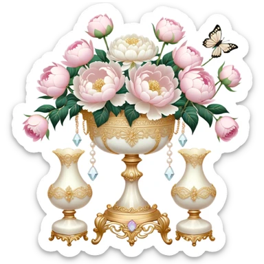 A romantic baroque-style vanity display featuring an intricate golden candelabrum, an embroidered ivory lace fan, and a crystal vase filled with white peonies and pastel pink roses, with pearl butterflies adding a whimsical touch.
 sticker