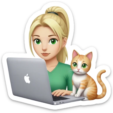 Blonde woman ponytail green eyes with cat and MacBook sticker
