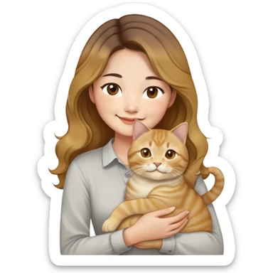 an Asian woman with long wavy hair, brown base with golden highlights. She is smiling gently and wearing a light-colored shirt. She is holding a golden shaded British Shorthair cat (BY23 color) in her arms. The cat looks fluffy and has round golden eyes.  sticker