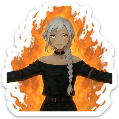  young woman with gold yellow eyes, white hair, long braid, black off-shoulder top, punk gothic style, futuristic cyberwave cyberpunk,, she is calmly t-posing in front of a raging fire sticker