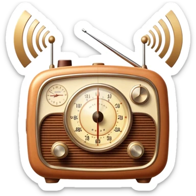 A photorealistic icon featuring an old-fashioned radio with a vintage dial, radio waves emanating from it, and a warm, glowing light. The design includes detailed textures, soft lighting, and nostalgic elements, symbolizing the love for radio broadcasting and music. Transparent background. sticker
