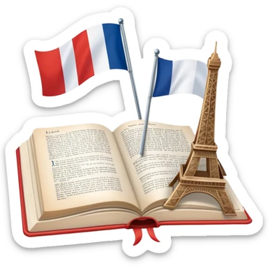 An icon featuring the Eiffel Tower and the flag of France, symbolizing the French language. The design includes an open book with French text and a croissant, representing language learning and French culture. Transparent background highlights the elegance of the French-speaking world. sticker