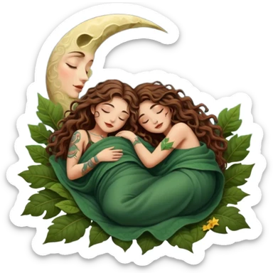 two forest alchemist women — one with long wavy brown hair and tattoos, one with short tight curly brown hair — sleeping back to back under leaf blanket crescent moon above sticker