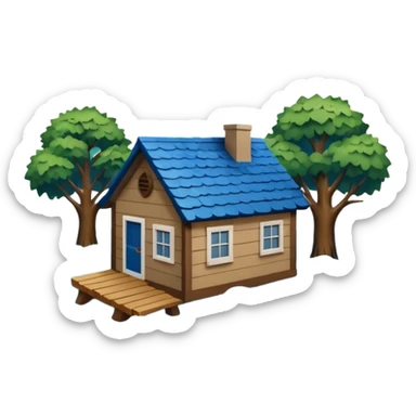 showing a flood disaster scene with powerful blue water waves carrying floating tree branches and wood pieces, small houses partially submerged, dark storm clouds above, heavy rain, realistic yet simple and clean emoji-style design sticker