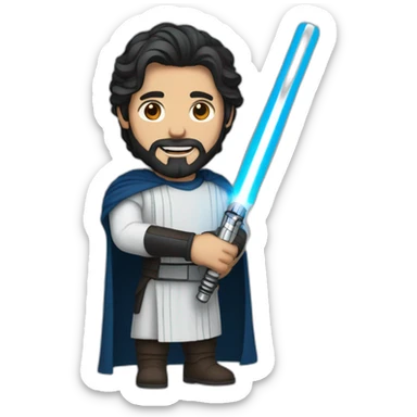 A white Portuguese with black and medium-length hair and a beard that holds a blue lightsaber sticker