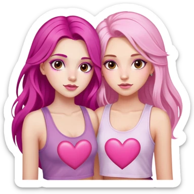 gorgeous pale girl with long magenta pink hair latina makeup next to a gorgeous girl with blonde hair brown eyes and a light pink heart above them both wearing cropped tank tops sticker