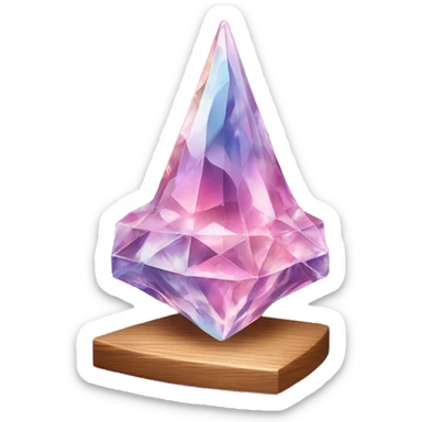 crystal sculpture witch hat with a geometric, faceted design. The hat is standing upright on a wooden stand with angular and baroque features. The vibrant midtone tints of pastels and pink highlights the sharp edges and planes.  sticker