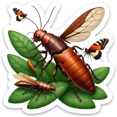 Close-up of giant Madagascar hissing cockroaches, butterflies, and stick insects in their natural habitat. The insects are shown in detail, highlighting their unique textures and colors, surrounded by plants and leaves. Soft lighting to enhance their features. Transparent background. sticker