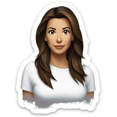 3/4 face, contrasted, shadow, light, Eva Longoria expression, standing from a distance, thin nose, brunette woman, hazel eyes, long eyelashes, dark shoulder shaded hair, white t-shirt, jeans, white sneakers sticker