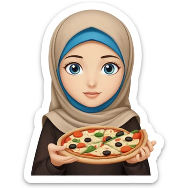 Turkish beautiful finish Konya girl blue eyes with beige and black hijab islamic dress and had on her hand a slice of vegetable pizza  sticker