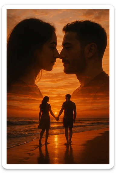 Una doppia esposizione cinematografica di noi di profilo, con un paesaggio di spiaggia al tramonto integrato nella silhouette.
La scena interna ci mostra entrambi camminare sulla sabbia bagnata, tenendoci per mano, con le onde del mare che si infrangono è facile e un cielo colorato dagli ultimi raggi di sole. Atmosfera calda e intima, toni dorati arancioni, dettagli fini ed espressivi, risoluzione 8K. sticker