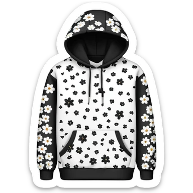 The BLACK Denim Tears Hoodie features a black base with distinctive black and white flowers. Each flower has a white outer ring with an empty space in the middle, creating a hollow, open design. These patterns are scattered across the hoodie for a bold and unique look. sticker