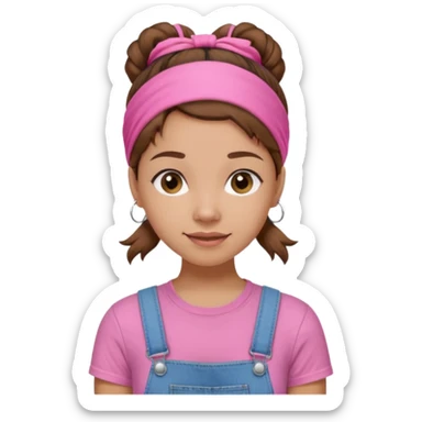 light skin woman with nice brown hair tied together in a one hairtie, wearing a pink t-shirt, demin overalls and pink wraparound hairband. expression is friendly, warm and enthusiastic.  sticker
