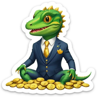 lizard in a pinstripe suit, grinning, sitting atop a pile of gold coins sticker